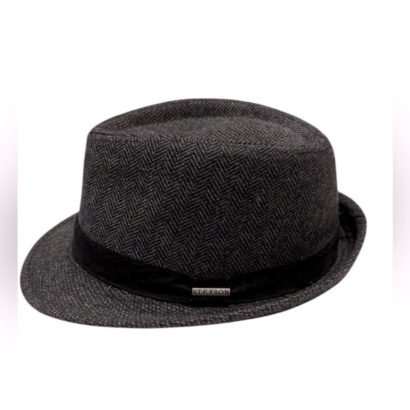Stetson Charcoal Herringbone Fedora with Black Band Size Medium - Picture 1 of 6